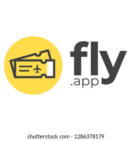 Simple travel logo vector design featuring a pair of airplane tickets in a circle and "fly .app" company name. Perfect for traveling company logo designs
