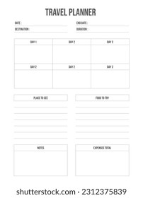 Simple Travel Planner printable black and white