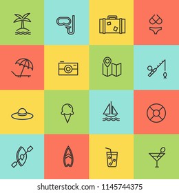 Simple travel related line icons set. Trendy vector illustration of tourism and summer vacation icons in colored style