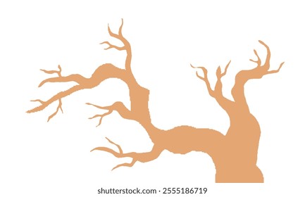 Simple Tree Design Element. Dry Tree Branch Without Leaves. Soft Brown Silhouette Of Leafless Bonsai Isolated On White Background.