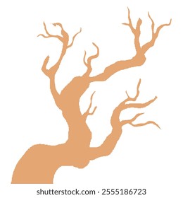 Simple Tree Design Element. Dry Tree Branch Without Leaves. Soft Brown Silhouette Of Leafless Bonsai Isolated On White Background.
