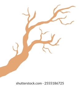 Simple Tree Design Element. Dry Tree Branch Without Leaves. Soft Brown Silhouette Of Leafless Bonsai Isolated On White Background.