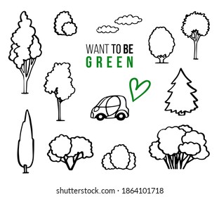 Simple tree doodle vector set. Forest green concept. City park car sketch. Hand drawn line icon. Auto transport co2 exhaust illustration. Black outline tree. Abstract gas pollution view. Eco car fuel