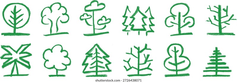 Árvore simples desenhos giz de giz de cera desenho Doodle vetor conjunto
