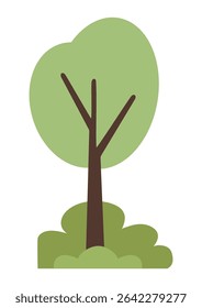 Simple tree with green bush element for abstract landscape background, nature illustration for spring or summer design.