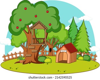 A simple tree house and doghouse in nature background illustration