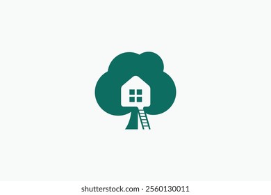 A simple tree house logo with a minimalist tree house silhouette