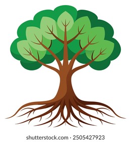 Einfaches Baumsymbol mit grünen Blättern und sichtbaren Wurzeln, Vektorgrafik.
