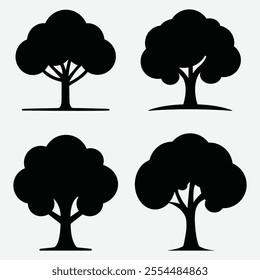 Simple Tree Silhouette Set In White Background. Black Tree Silhouette Icon. Tree Vector Illustration.