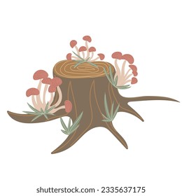 Simple tree stump with mushroom. Hand drawn stylized element for autumn decorative design, halloween invitation, harvest or thanksgiving. Vector illustration
