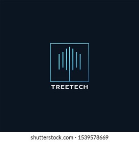 Simple Tree Tech Logo line art environment Design with a blue background. Nature growth logo Technology Design Organic ecology
