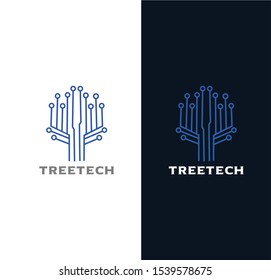 Simple Tree Tech Logo line environment Design with a blue background. Nature growth logo circuit shape Technology Design Organic ecology