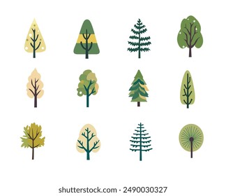 Simple tree vector illustration, set of flat trees icon, cute forest tree nature elements, isolated on white background