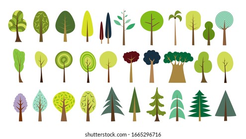 SIMPLE TREE VECTOR set. Forest set. Various trees and bushes colorful wood cartoons flat style. Fir, pine, spruce, larch. Conifers and deciduous. Different simple trees and shrubs on white background.