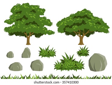 Simple tree vectors inspired by rain tree (Samanea saman). Vector fern bush and rocks also included.