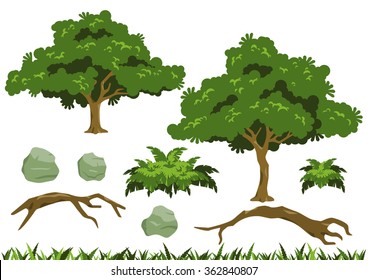 Simple tree vectors inspired by rain tree (Samanea saman). Vector large fern bush, fallen logs, and rocks also included.