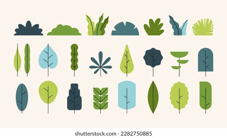 Simple trees bushes. Cartoon forest plants with foliage, minimal flat shrub botanical garden nature elements. Vector set