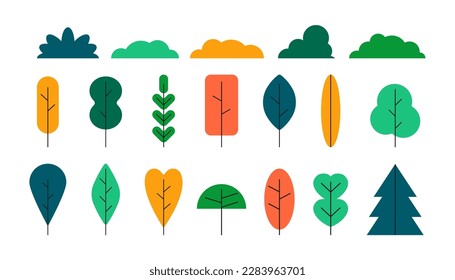 Simple trees bushes. Cartoon forest plants with foliage, flat minimal shrub botanical garden nature elements. Vector set