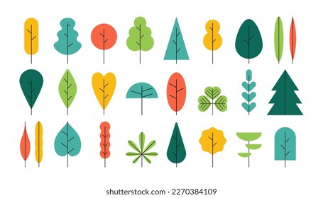 Árboles simples. Plantas forestales de dibujos animados con follaje, arbusto mínimo, elementos botánicos naturales. Conjunto plano de vector