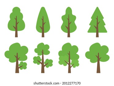 Simple trees collection in green flat vector design illustration for clip art png for garden park and forest