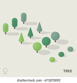 Simple trees in isometric view with shadow including with symbol.