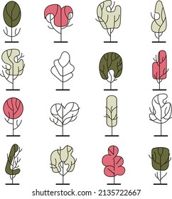 Simple trees line-art set. Entourage design. Collection of design elements.