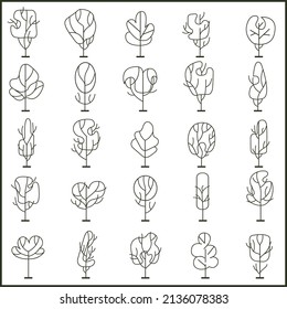 Simple trees line-art set. Entourage design. Collection of design elements.