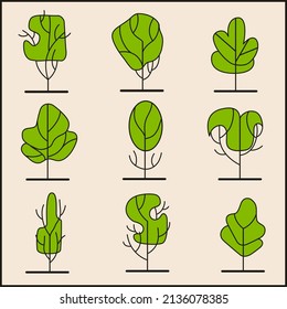 Simple trees line-art set. Entourage design. Collection of design elements.