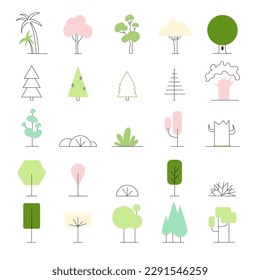 Simple trees. Minimal nature forest or park. Minimalism style line plants. Abstract logo design. Eco bio symbols, colorful outline cute botanical elements. Spruce pine and oak. Vector isolated set