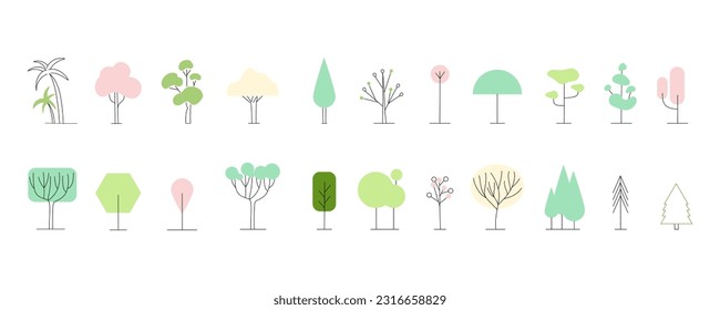 Simple trees. Minimal nature forest or park. Minimalism style line plants. Abstract logo design. Eco bio symbols, colorful outline cute botanical elements. Spruce pine and oak. Vector isolated set