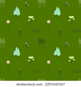 Simple trees pattern seamless. Minimal nature forest or park. Line plants colorful botanical scandinavian print. Decor textile, wrapping paper, wallpaper design. Spruce pine oak. Vector isolated set
