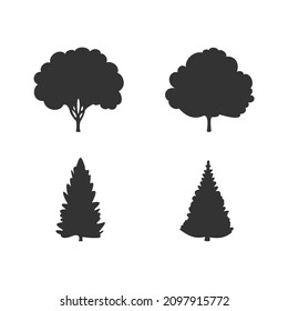 simple trees silhouette on white background, pine trees, oak trees vector icon, separated layers white and black