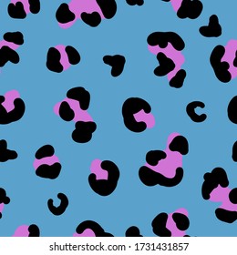 Simple trend pattern. Blue background, black and pink leopard spots.  