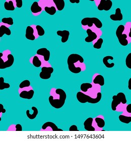 Simple trend pattern. Bright blue background, pink and black leopard spots. Print is well suited for textiles, banners and Wallpapers, packaging.