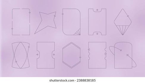 Simple trendy aesthetic line frames collection with sparcle, stars. Y2k geometric vector arc shapes on purple gradient background.