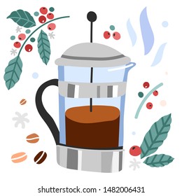 Simple trendy flat design vector illustration of frech press pot brewing alternative method. Scandinavian naive style haddrawn illustration.
