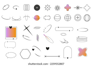Simple trendy frames.Aesthetic y2k geometric shapes with stars. Retro basic line art design elements. Oval, heart, arrow, frame figures with sparkles. Vector illustration for social media or poster