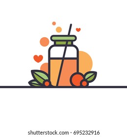 Simple and trendy hipster vector illustration of vegan or vegetarian superfood cocktail. Smoothie to go take away healthy fresh drink. Organic fruit and berry detox diet shake icon.