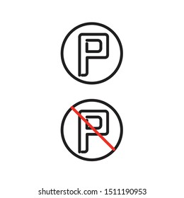 Simple and trendy Parking Here sign and No Parking icon vector illustration in outline style isolated on white background. Modern symbol of parking wayfinding signage icon set.