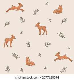 Simple trendy pattern with fawn and branch. Flat vector illustration for prints, clothing, packaging and postcards. 