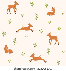 Simple trendy pattern with fawn and grass sprig. Flat vector illustration for prints, clothing, packaging and postcards. 