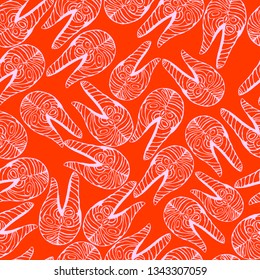 Simple trendy pattern with red fish steak dorado, salmon, shark. Seamless pattern. For menu, banner, textile. Stock Illustration