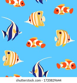 Simple Trendy Seamless Pattern With Coral Fish - Clown Fish, Butterfly Fish And Moorish Idol Fish. Flat Vector Illustration.