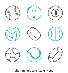 Simple trendy sport icons set (baseball, bowling, billiard, volleyball, hockey, basketball, soccer, tennis, american football). Vector illustration