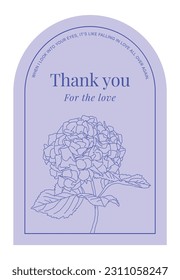 Una tarjeta de estilo simple y a la moda, invitación, ilustración de marco de diseño de panel con una foto de una flor de horangea. Plantilla de tarjeta para confesión, amor, gracias, boda, fiesta, etc.