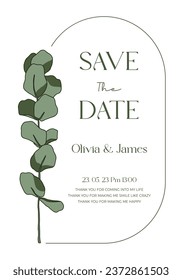 Una tarjeta de estilo simple y a la moda, una invitación, un cuadro de diseño de panel con una imagen de un eucalipto. Plantilla de tarjeta para confesión, amor, gracias, boda, fiesta, etc.