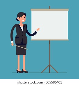 Simple and trendy vector concept design on female office worker giving presentation | Friendly business woman standing next to blank presentation screen holding pointer and smiling