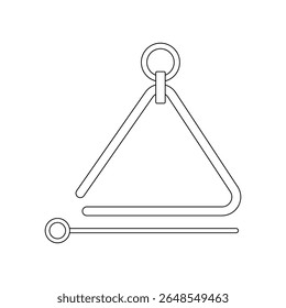 Simples instrumento musical triângulo com atacante. Estilo minimalista de arte de linha em preto e branco. Perfeito para materiais de educação musical e ilustrações escolares.