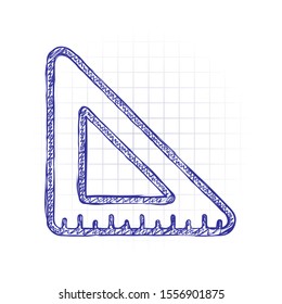 simple triangle, ruler. Hand drawn sketched picture with scribble fill. Blue ink. Doodle on white background