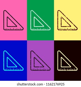 simple triangle, ruler. Pop art style. Scratched icons on 6 colour backgrounds. 